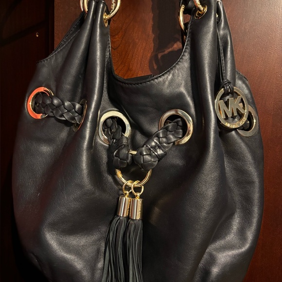 Michael Kors Black and Gold Leather Shoulder Bag with Tassel and Dust Bag - Picture 1 of 2